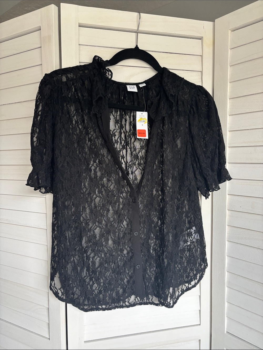 NWT GAP Black Sheer Lace Short Puff Sleeve Blouse